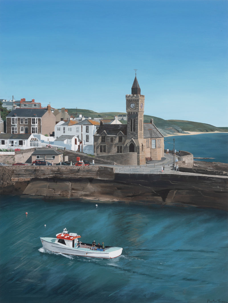Painting by Martin Thomas of the Church on the harbour in Porthleven with a clock tower and a boat in the water