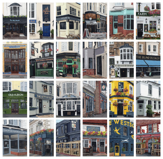 Collage of pubs in Hove in a suggested pub crawl order from East to West from paintings by Brighton artist Martin Thomas