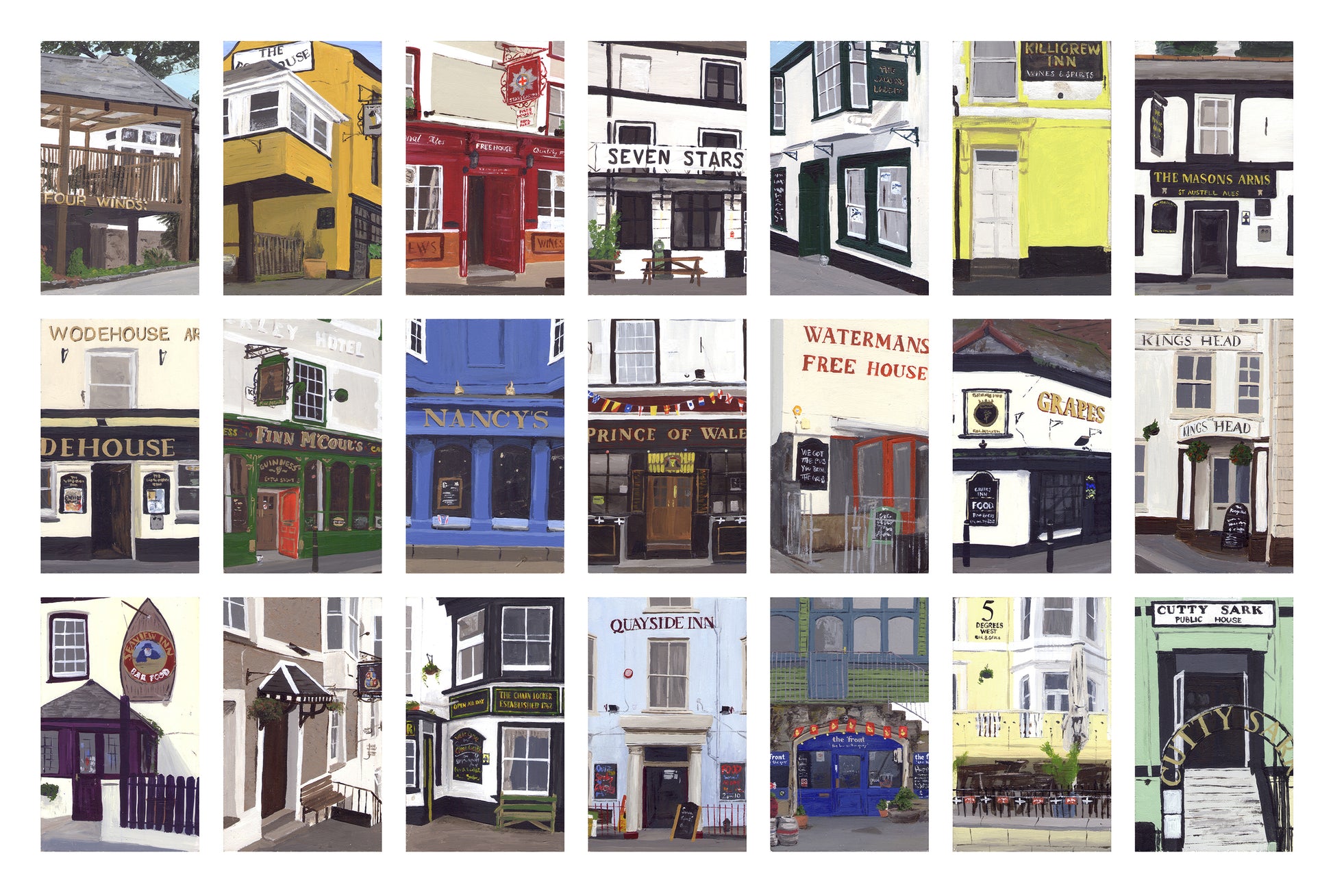 A painting by Martin Thomas of all the pubs in Falmouth, Cornwall