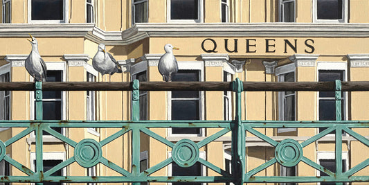 A painting by artist Martin Thomas of three seagulls stood on the iconic Brighton seafront railings in front of the Queens Hotel. Original artwork of acrylic paint on canvas