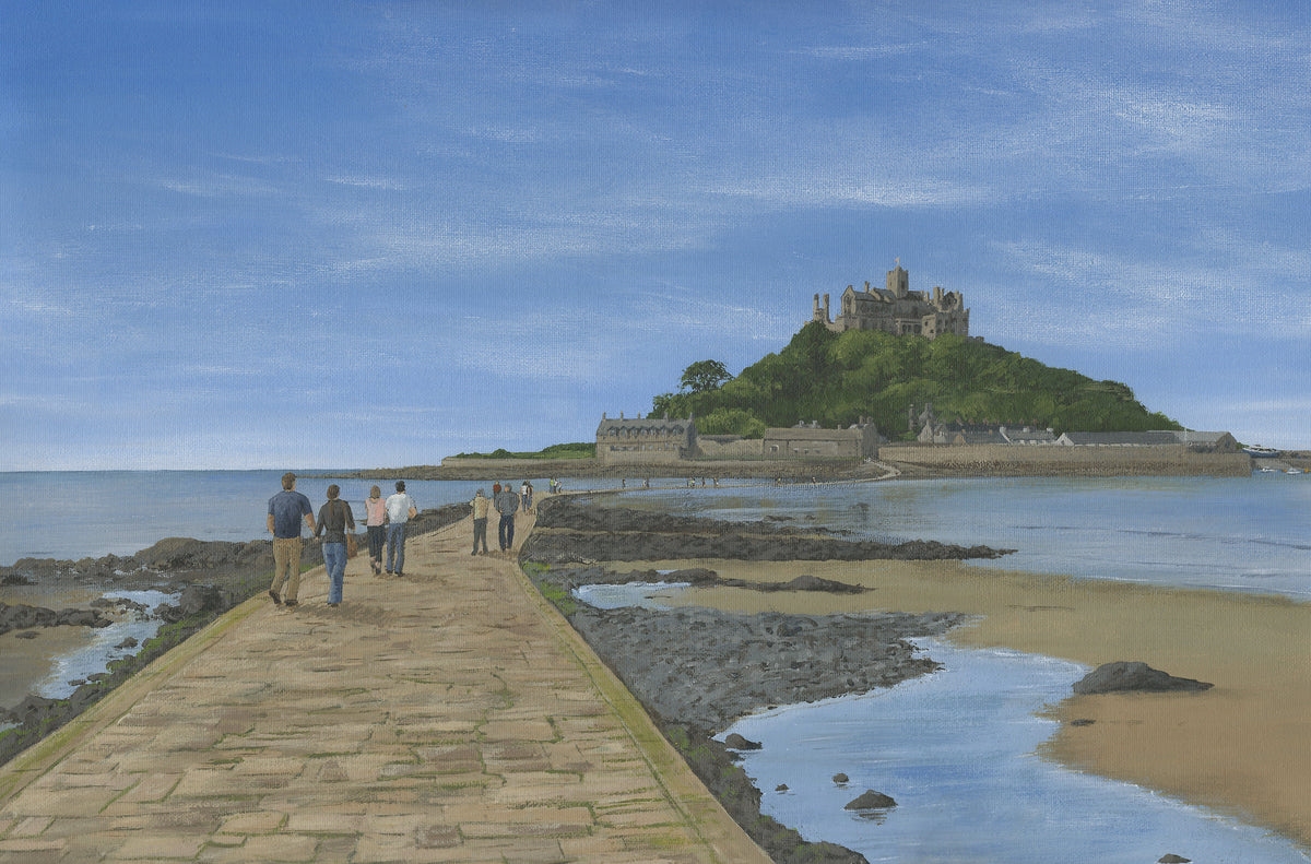Painting by Martin Thomas of St. Michaels Mount in Cornwall with people walking on the tidal causeway