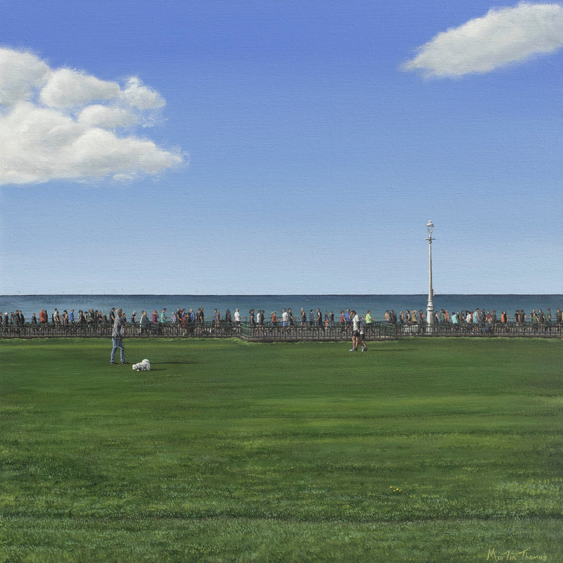 Painting by Martin Thomas of people running along Hove seafront with People playing with a dog on Hove lawns by the sea under a blue sky.