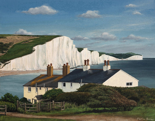 Painting by Martin Thomas of the iconic Coastguard Cottages with the Seven Sisters cliffs in the background