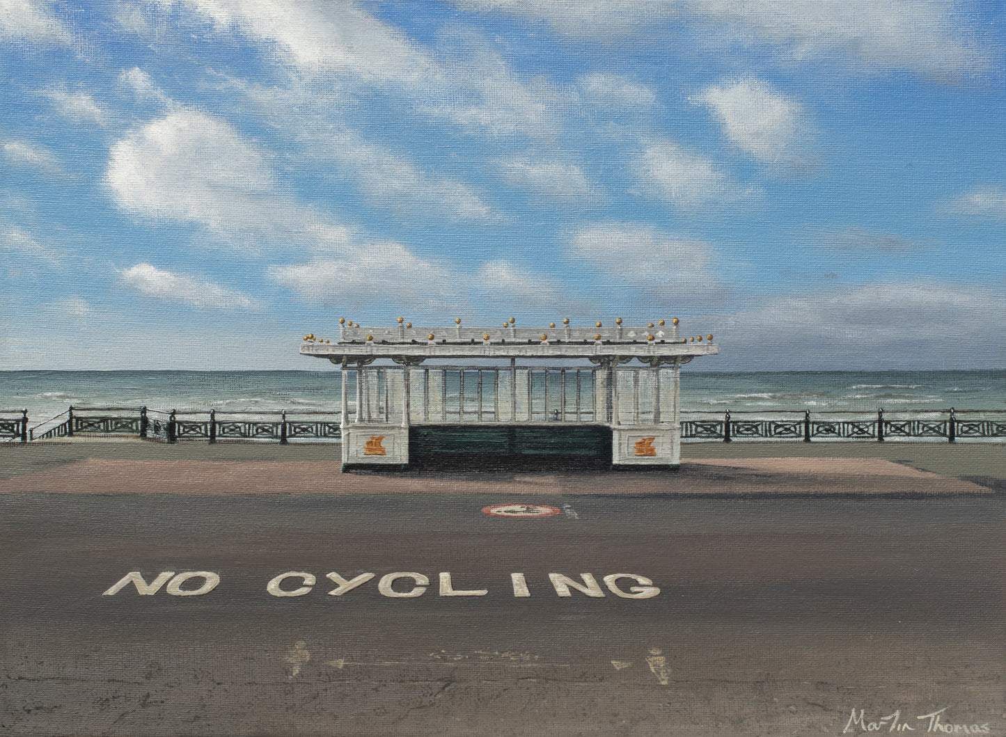 Painting by Martin Thomas  of a Shelter by the sea in Hove with 'No Cycling' sign on the promenade