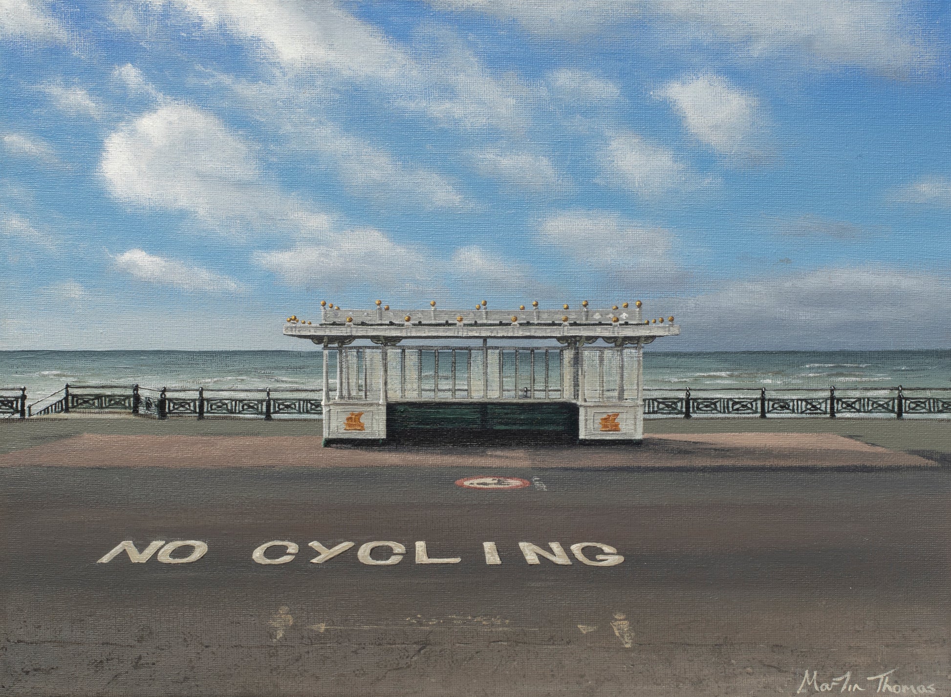 Painting by Martin Thomas  of a Shelter by the sea in Hove with 'No Cycling' sign on the promenade