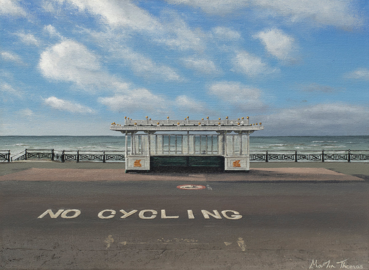 Painting by Brighton artist Martin Thomas of a shelter by the sea on Hove promenade with 'No Cycling' sign on the road