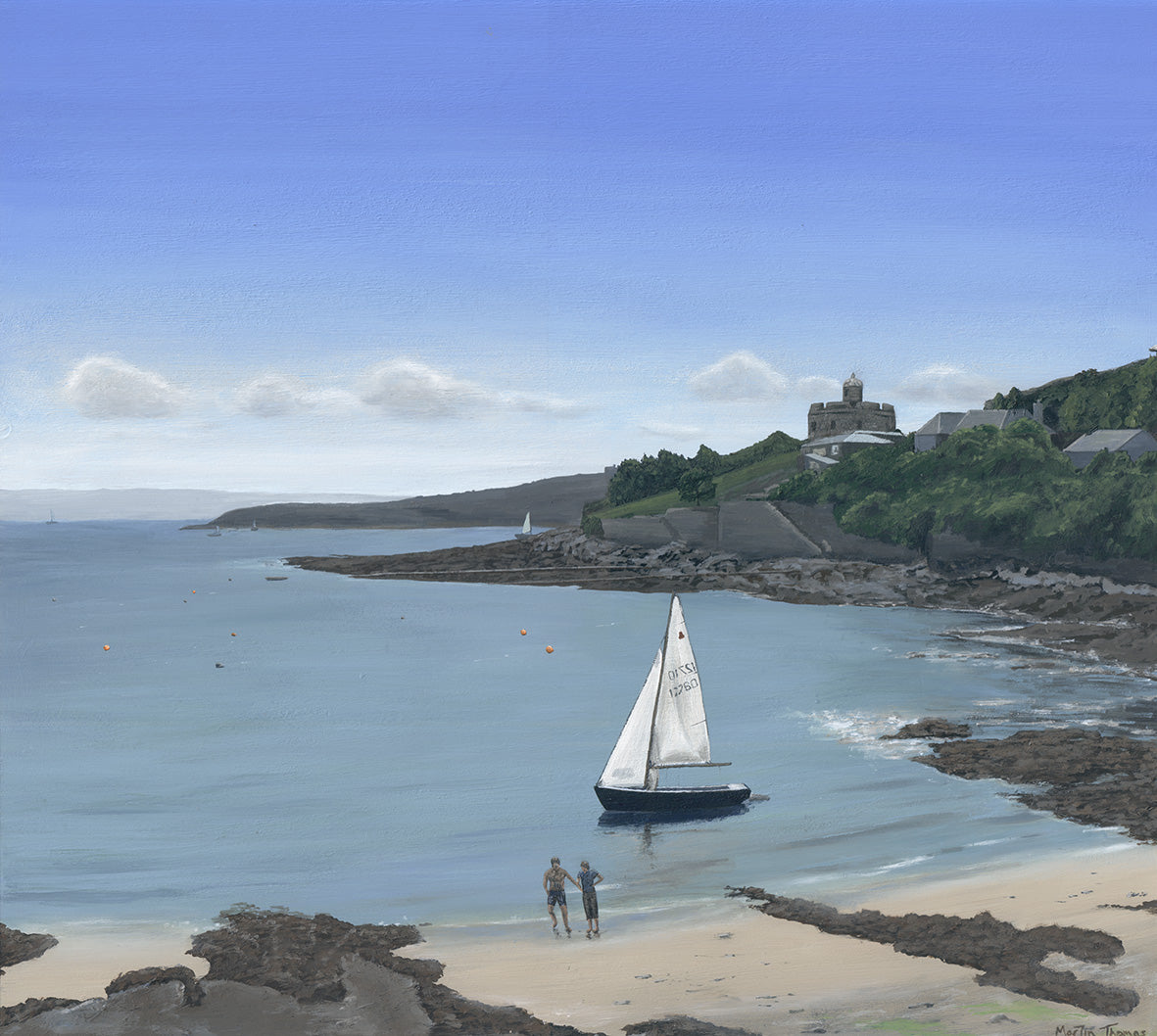 Painting of St. Mawes castle by Martin Thomas with a small sail boat and people on the beach