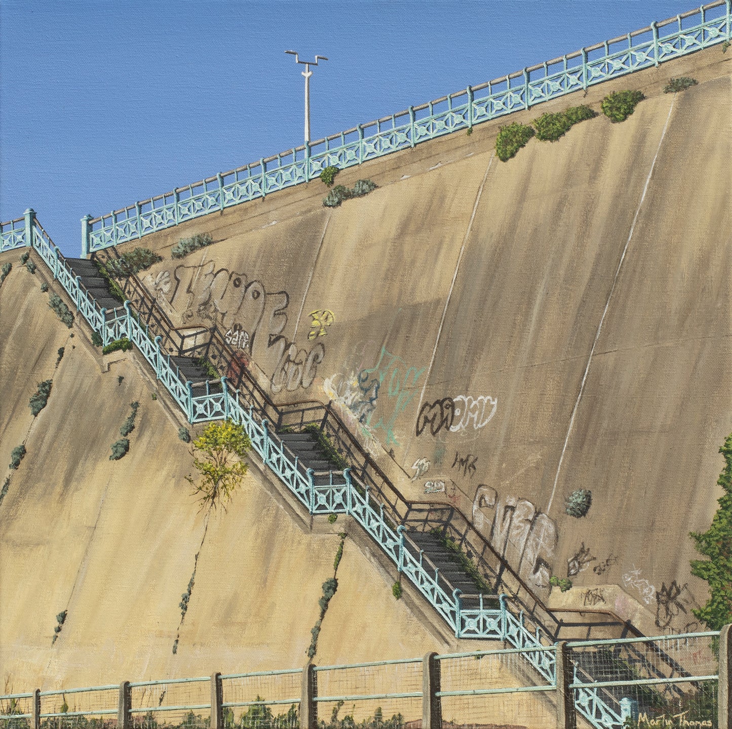 A painting by Martin Thomas ofGraffiti-covered concrete wall with a metal staircase and Iconic Brighton blue railing.