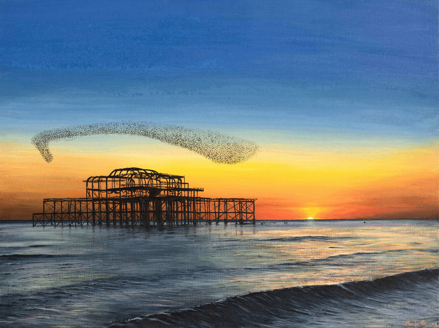 Painting by artist Martin Thomas of a Sunset Brighton's West pier and starling murmuration. Original artwork of acrylic paint on canvas