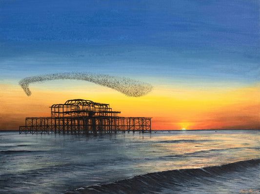 Painting by artist Martin Thomas of a Sunset Brighton's West pier and starling murmuration. Original artwork of acrylic paint on canvas