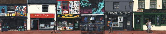 Painting by Martin Thomas of a Row of shops in Sydney Street, Brighton with various signs and posters on a street scene