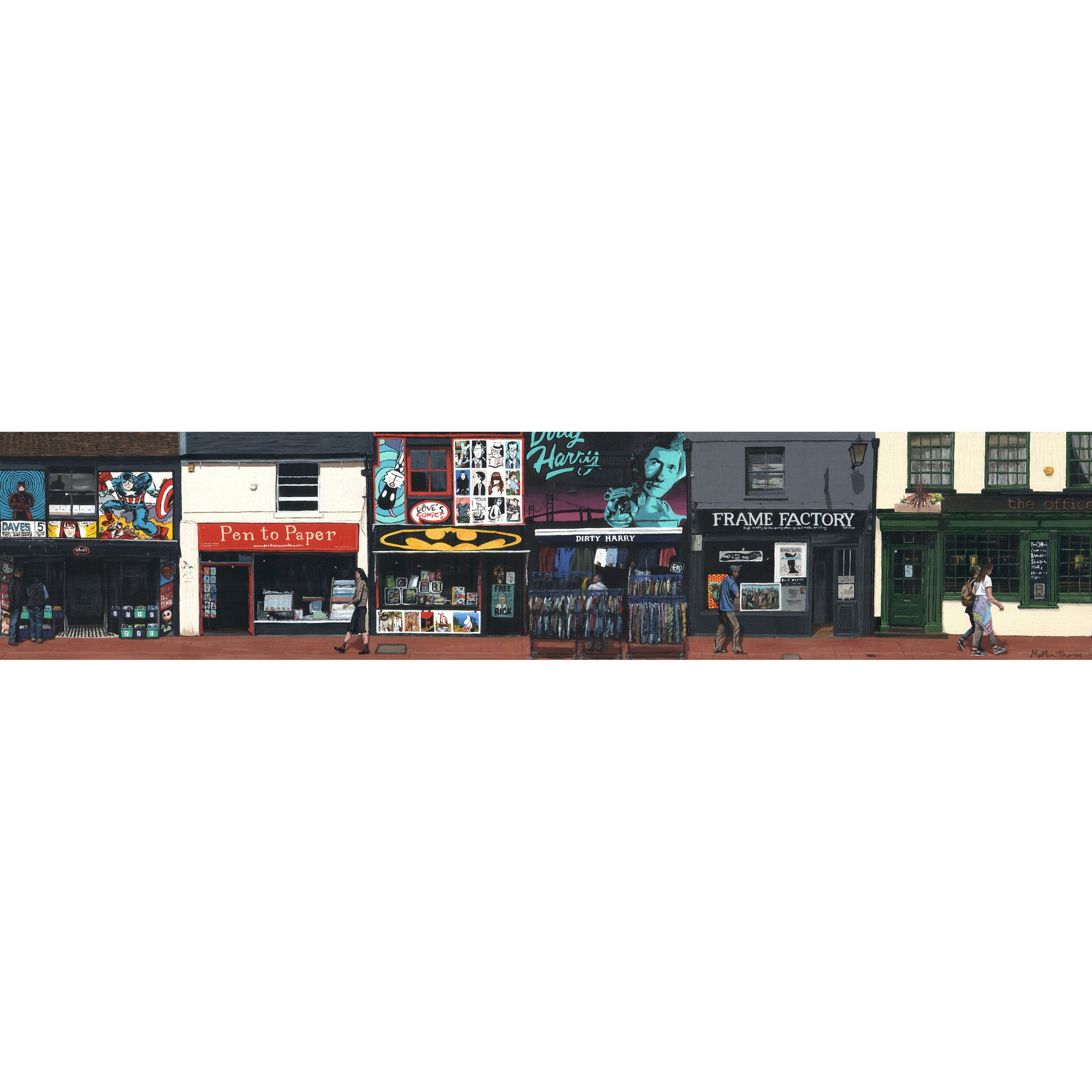 Painting of a row of shops on Sydney Street in Brighton by artist Martin Thomas with various signs and a sidewalk.