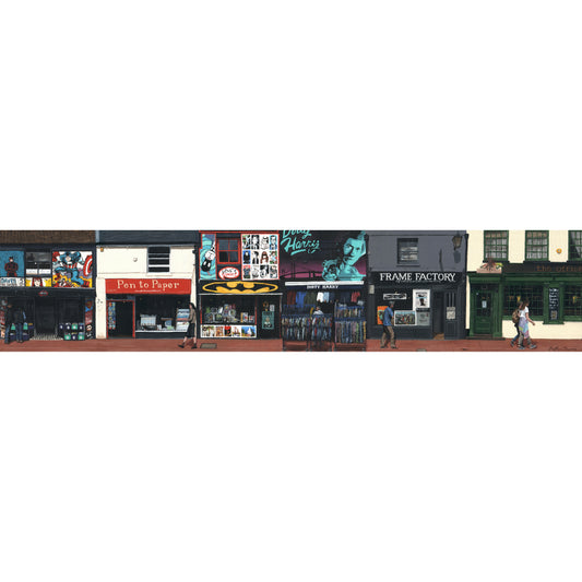 Painting of a row of shops on Sydney Street in Brighton by artist Martin Thomas with various signs and a sidewalk.