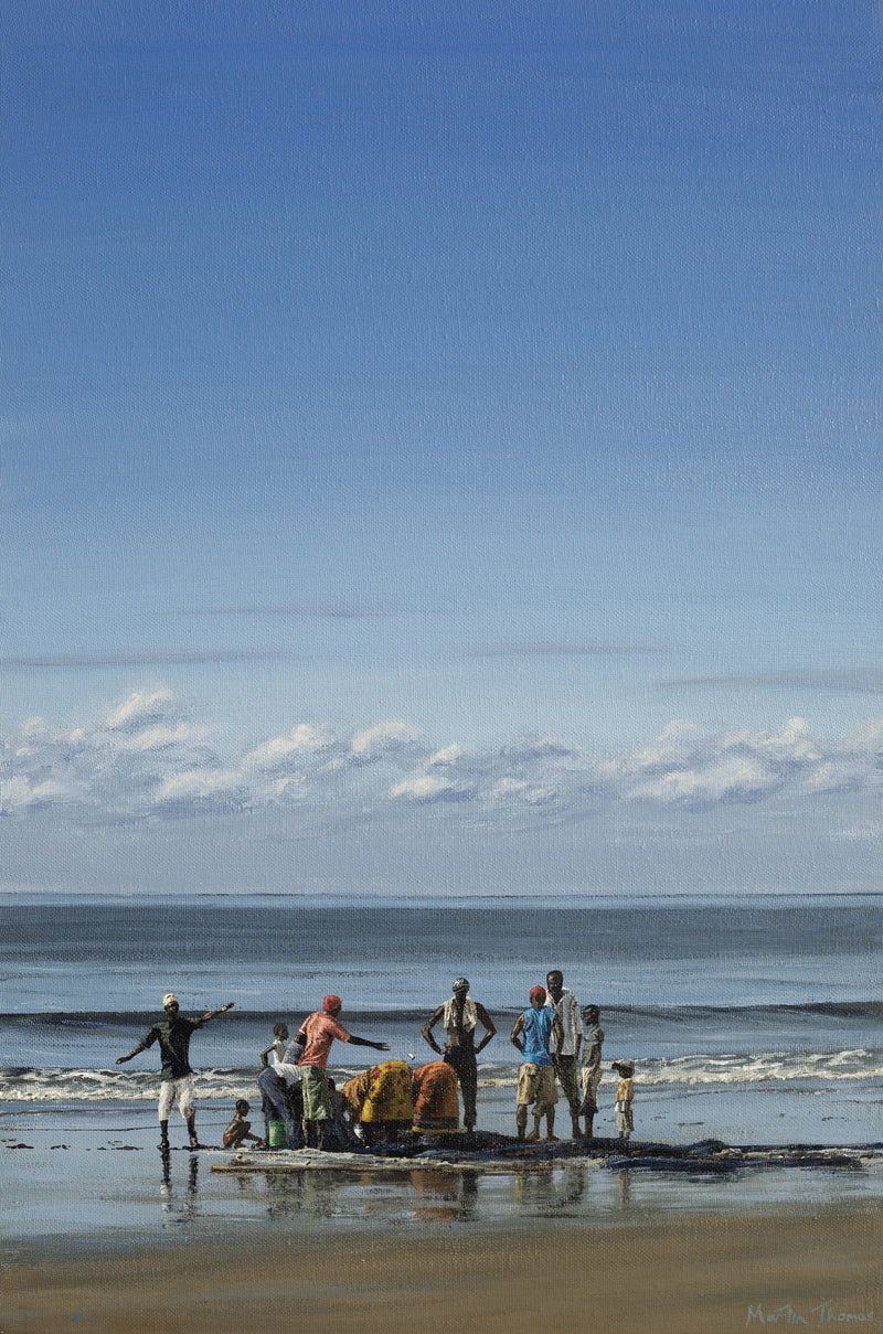 Painting by Martin Thomas of local fishermen and women inspecting their catch on a beach in Pangani, Tanzania