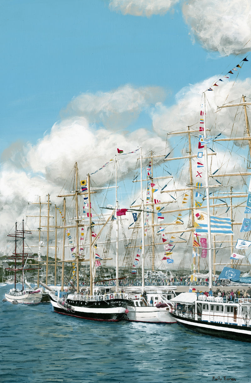 Painting by Martin Thomas of Tall ships with masts and flags docked in Falmouth harbor during the Tall ships festival under a blue sky with clouds.