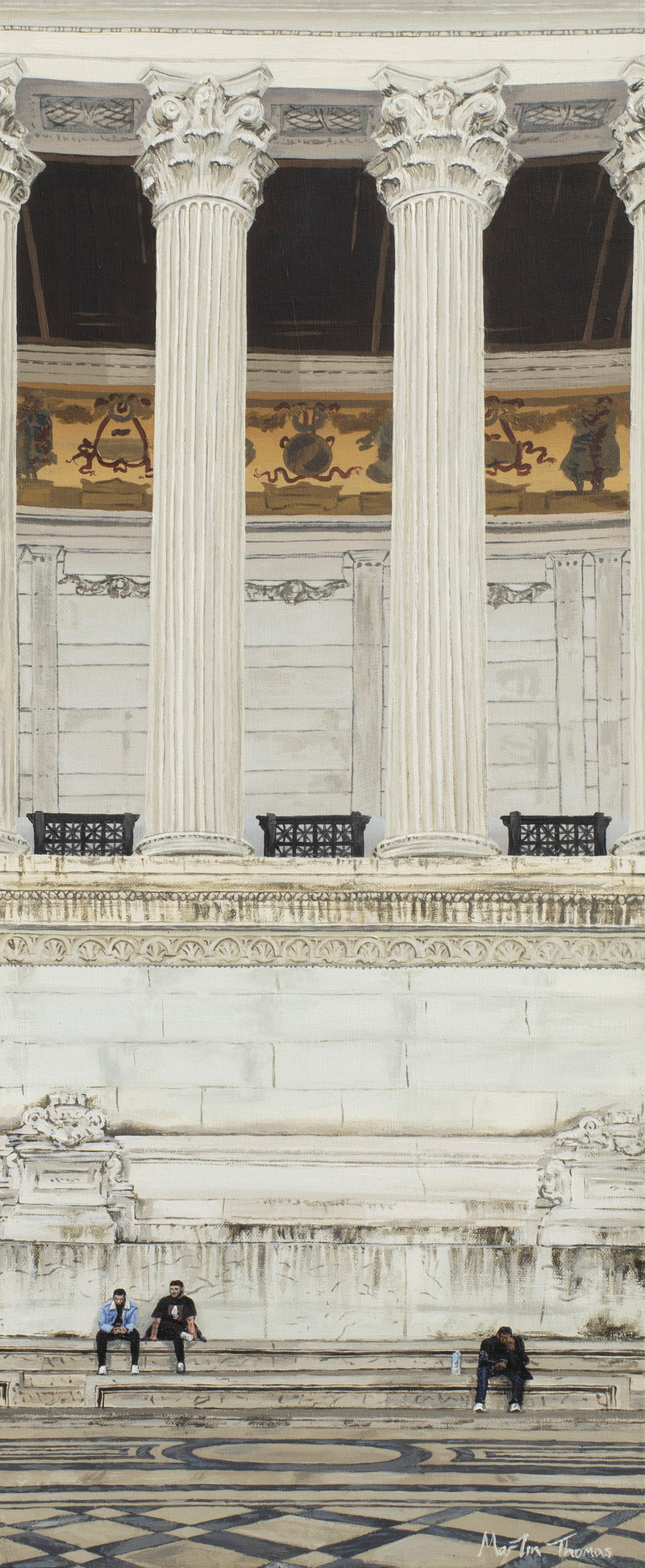 Painting of People sitting on steps in front of a classical building informally named 'The typewriter' in Rome byu Martin Thomas