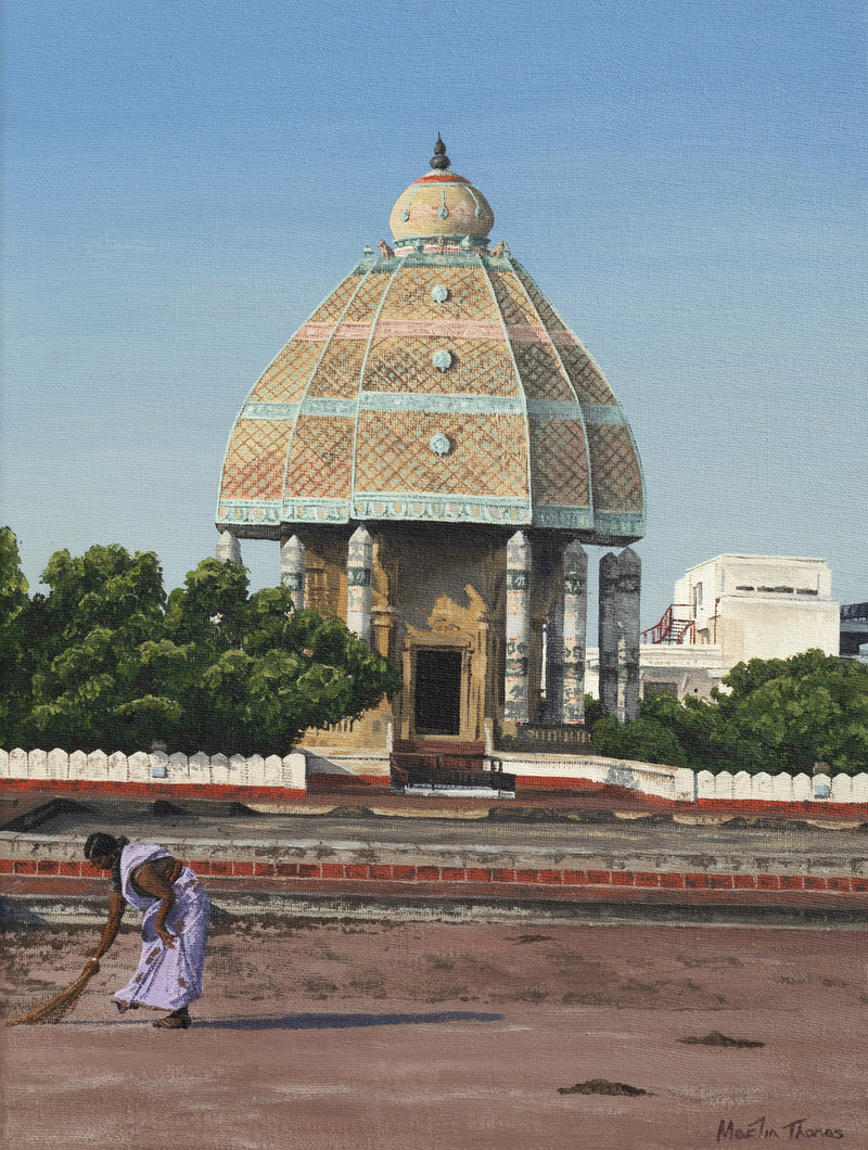 Woman cleaning at the Valluvar Kottam shrine in Chennai, India, Scene painted by Martin Thomas