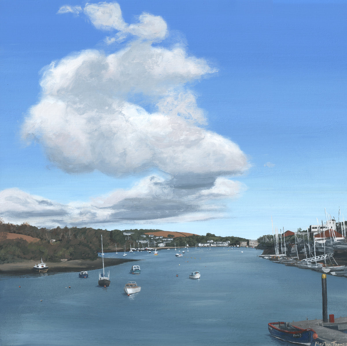 Painting by Martin Thomas of the view looking south down the Penryn river from Jubilee wharf with boats on a calm body of water under a blue sky with clouds.