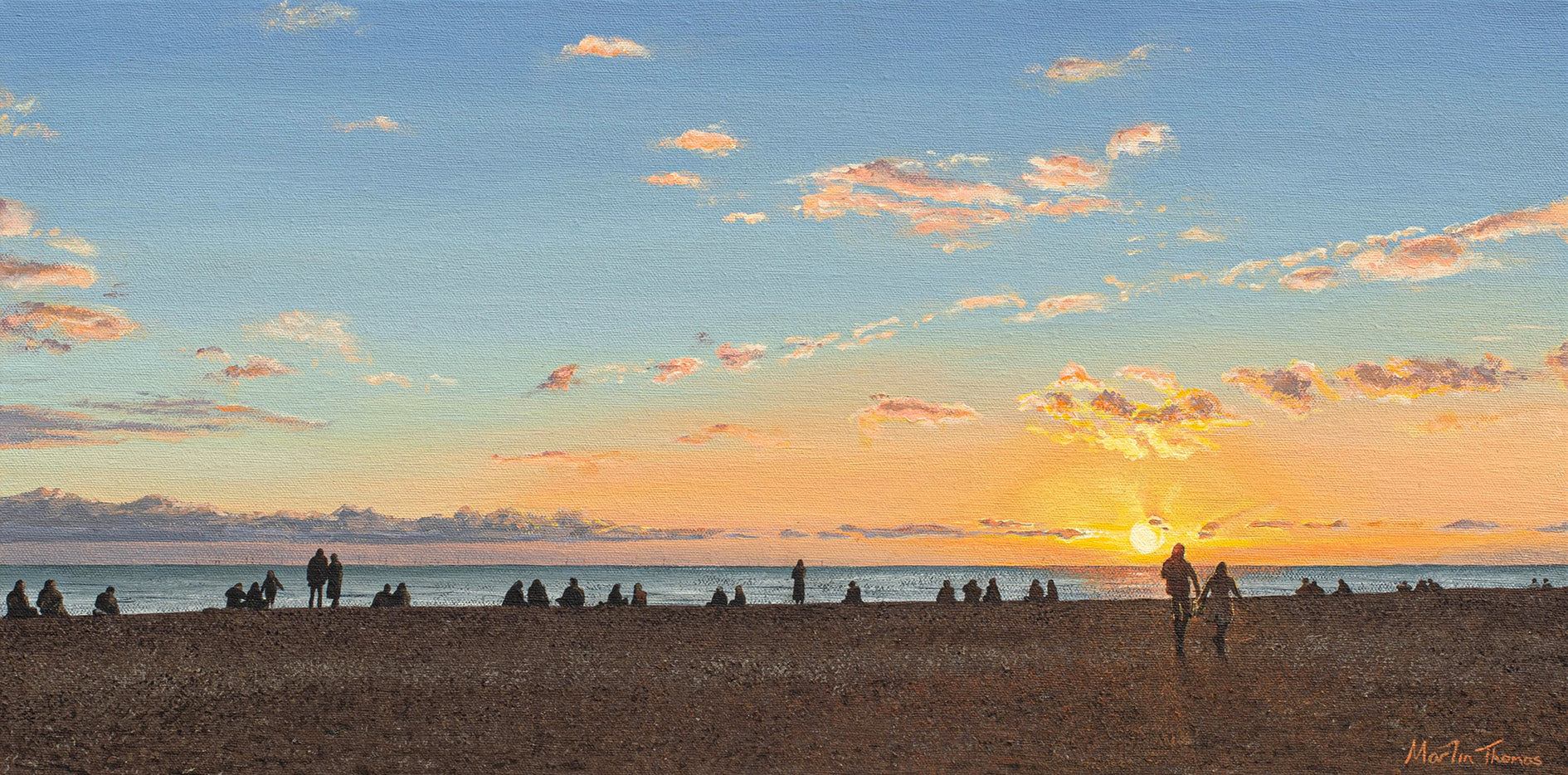 Painting of People on Brighton beach at sunset with a colorful sky by Martin Thomas