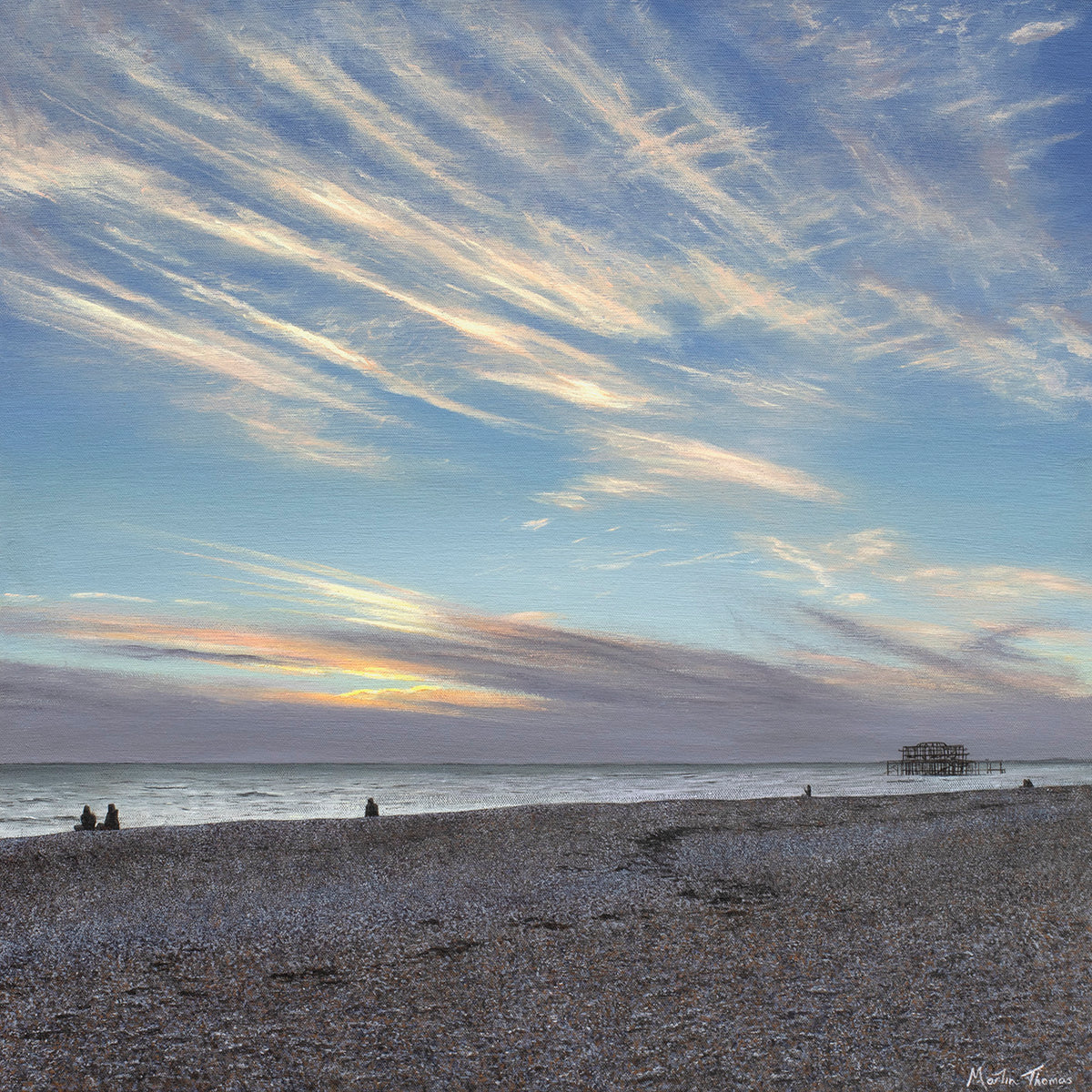 Painting of a Beach scene with people and a Brighton's West pier under a blue sky with wispy clouds by artist Martin Thomas. Original artwork of acrylic paint on canvas