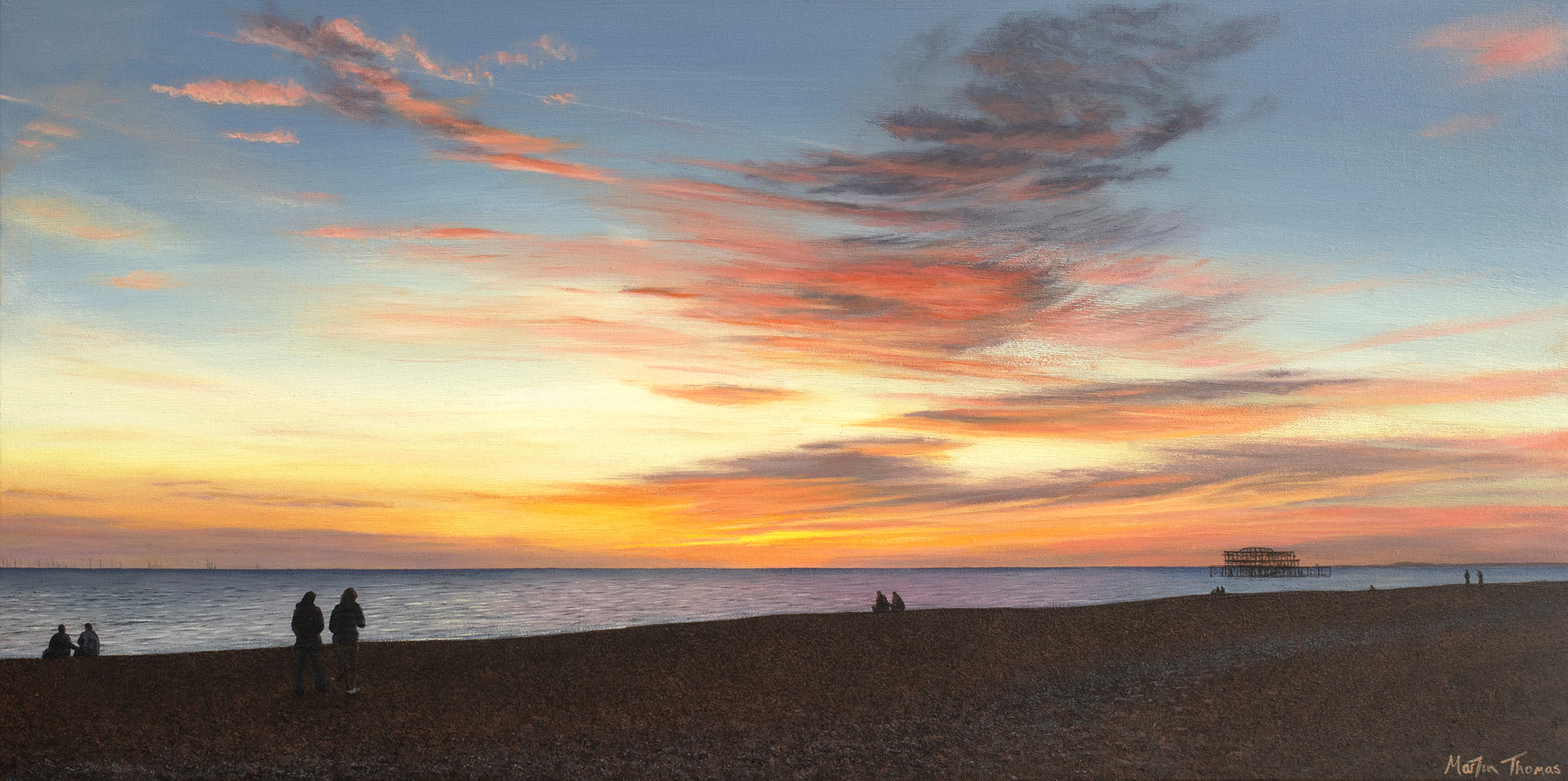 Painting by artist Martin Thomas of a Brighton Beach scene with people watching a sunset over the West Pier