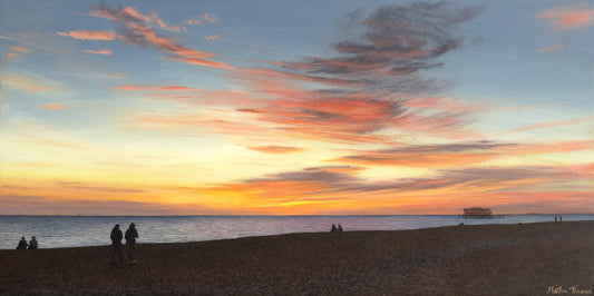 Painting by artist Martin Thomas of a Brighton Beach scene with people watching a sunset over the West Pier