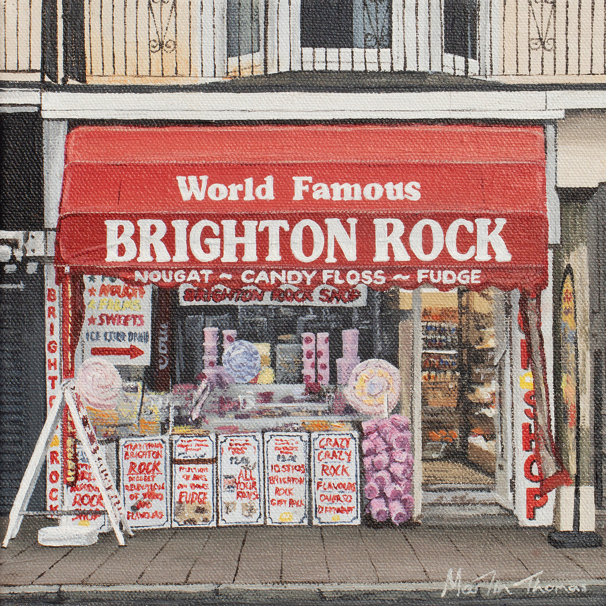 Illustration of a candy shop named 'World Famous Brighton Rock' with a red awning by Martin Thomas
