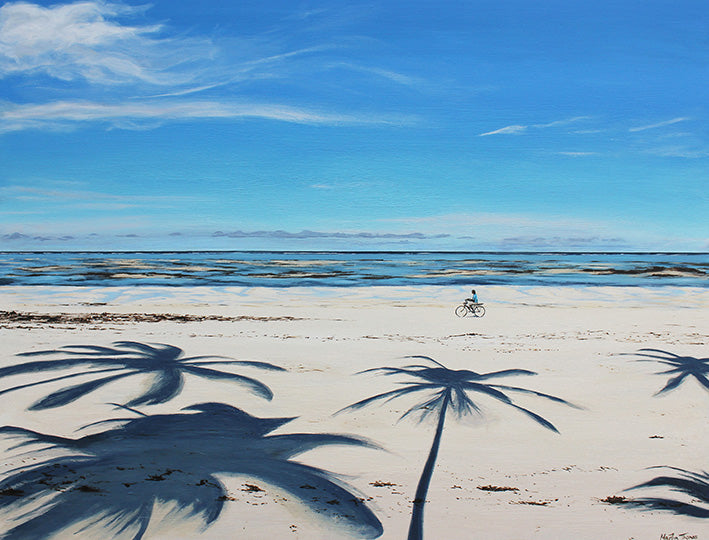 Painting by Martin Thomas of a beach scene in Zanzibar with palm tree shadows and a bicycle on the sand