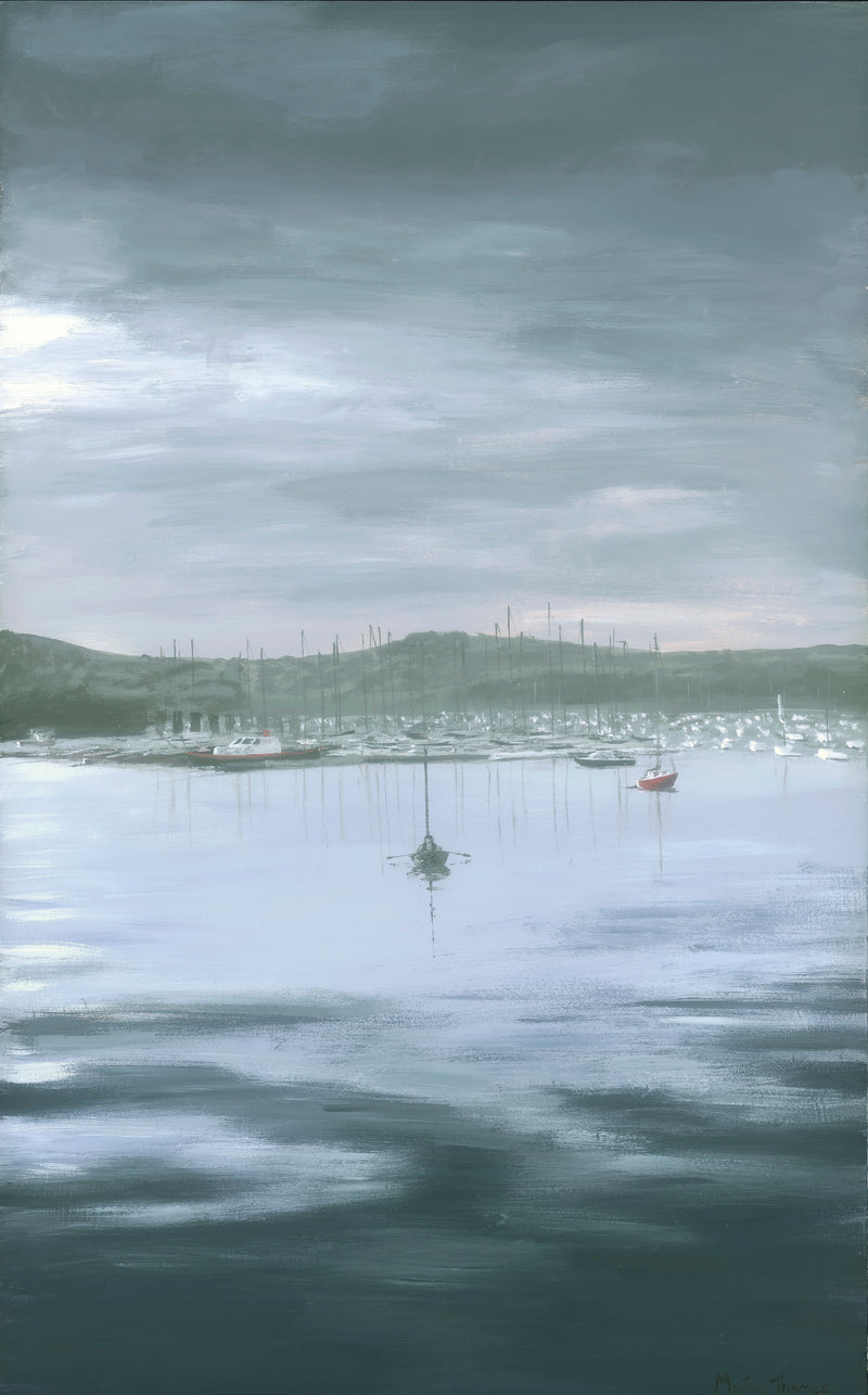 Painting by Martin Thomas of a boat rowing on calm water in Flmouth Harbour