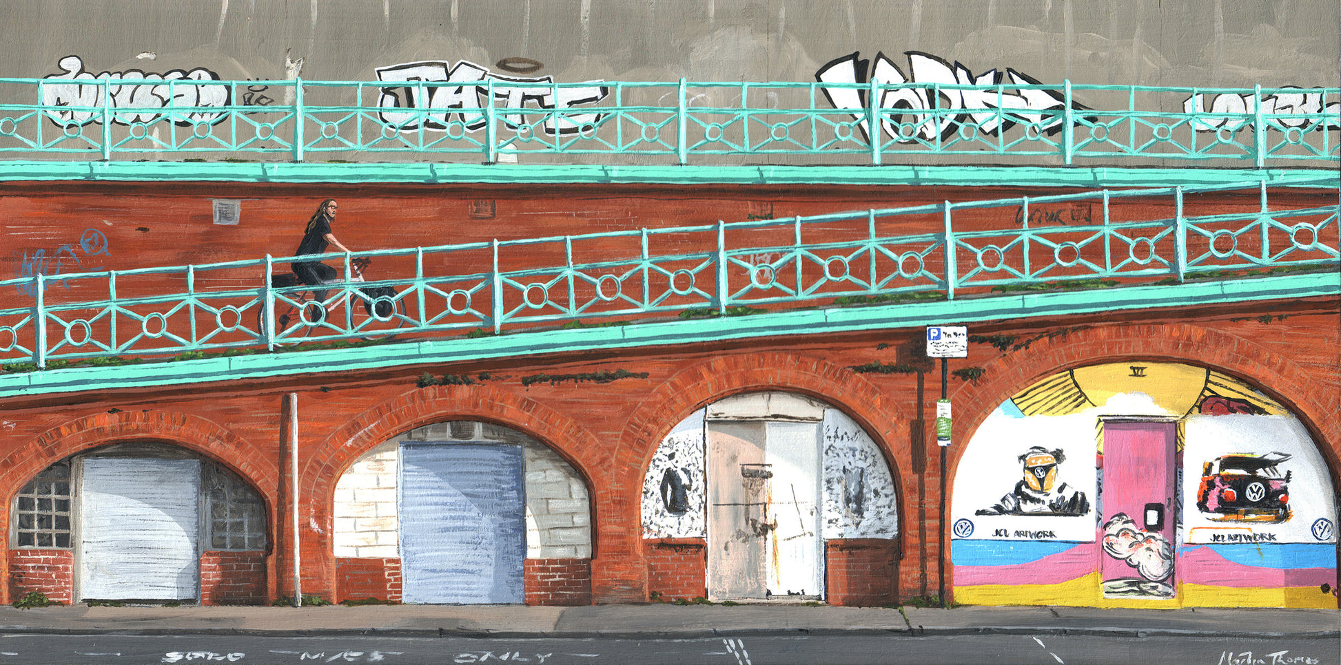 Painting by artist Martin Thomas of brick arches in Brighton with the iconic coloured railings and graffiti. Original artwork of acrylic paint on board