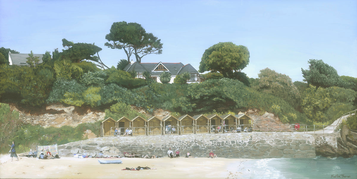 Painting of Swanpool Beach in Falmouth by Martin Thomas with wooden huts, people, and a clear sky.