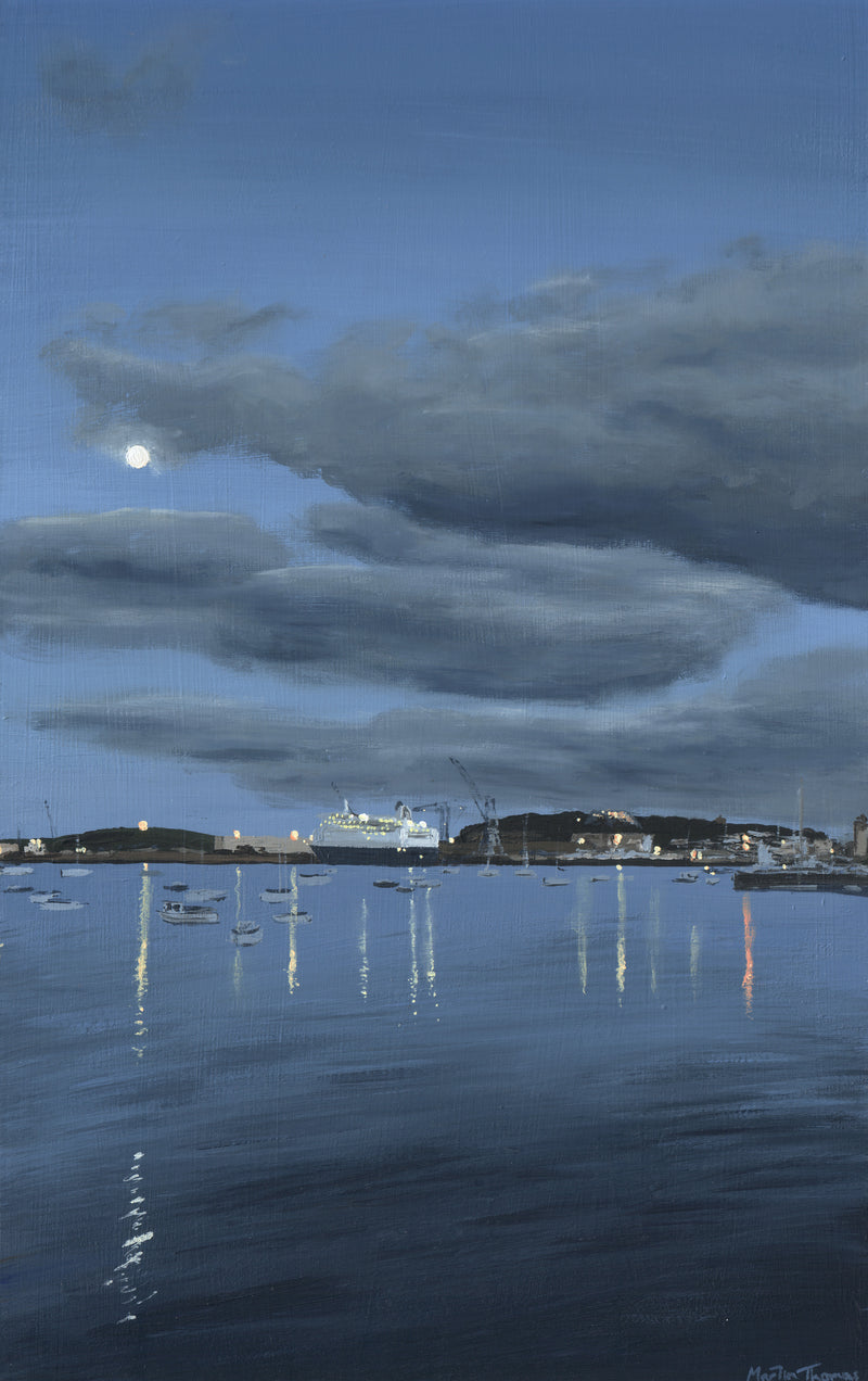 Painting by Martin Thomas of Falmouth Docks with a full moon in the sky above
