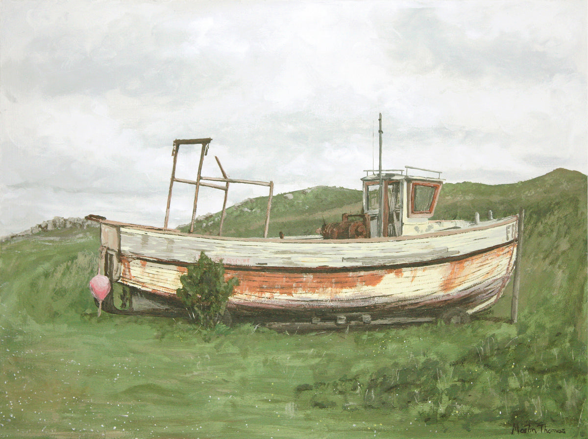 Painting by Martin Thomas of a wooden boat on grass in The Isles of Scilly with a cloudy sky