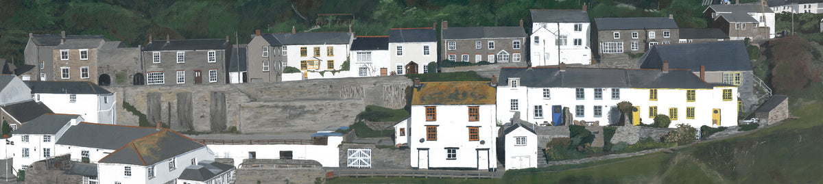 Painting of houses on the side of the hill in Portloe, Cornwall by Martin Thomas