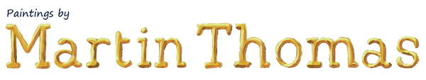 Text 'Paintings by Martin Thomas' in a hand painted decorative font on a white background