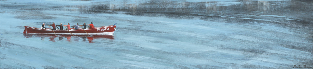 Painting by Martin Thomas of a Cornish Gig boat being rowed along the Penryn river