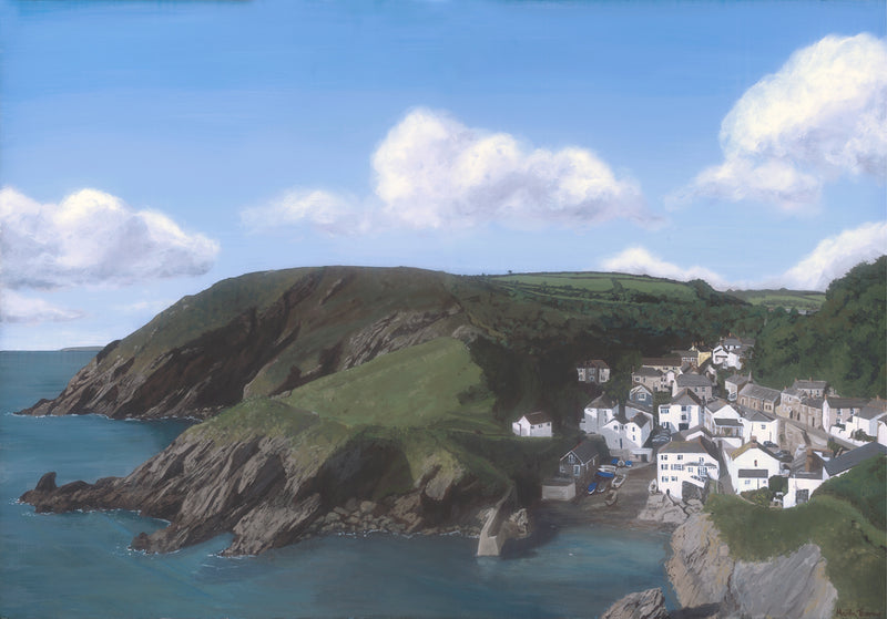 Painting by Martin Thomas of Coastal village Portloe in Cornwall with houses on a hill overlooking the sea