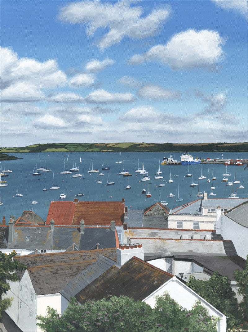 Painting by Martin Thomas of a Falmouth Harbour scene with boats and houses under a blue sky with clouds.