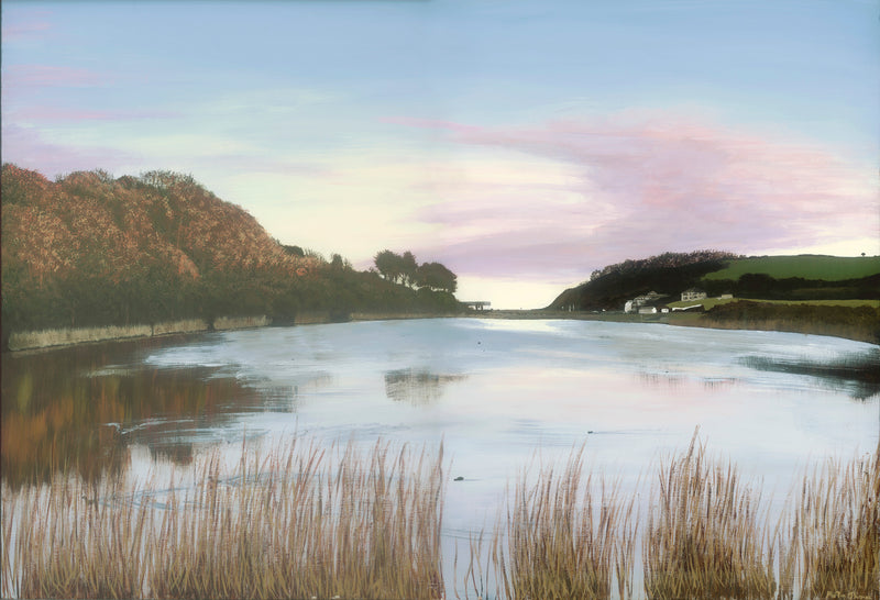 Lakeside scene at Swanpool in Falmouth with reeds, water, and hills under a pink sky.