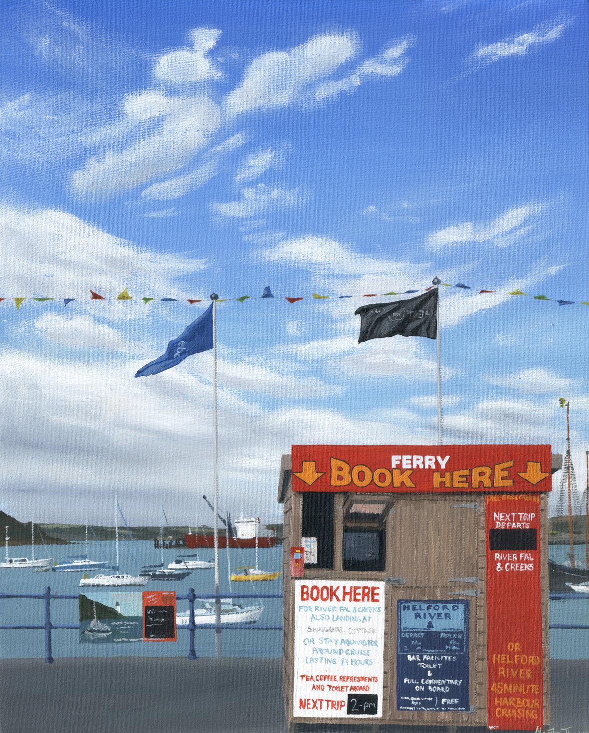 Painting of a Ferry booking booth in Falmouth by Martin Thomas with flags and boats in the background