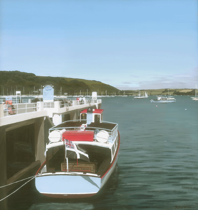Painting by Martin Thomas of Boat docked at Prince of Wales pier in Falmouth with a scenic background