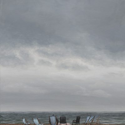 Painting of deckchairs on a gloomy Brighton Beach