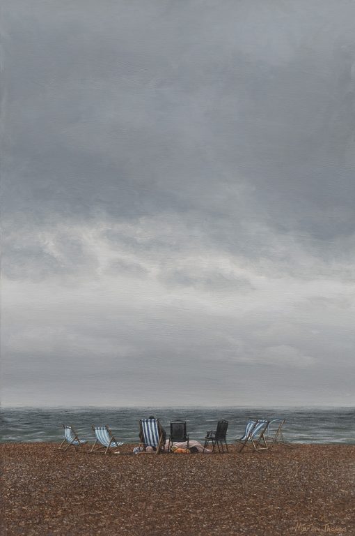 Painting of deckchairs on a gloomy Brighton Beach